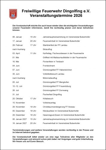 2026 Veranstaltungstermine